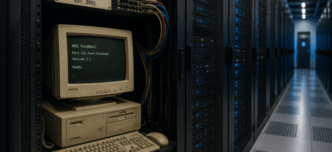 A model data centre that also includes a 2000s-era Compaq PC running NMS Formmail